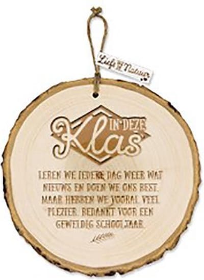 Hip met Pit Creaties Boomschors - Juf Meester Cadeau - In Deze Klas Bedankt - Einde Schooljaar - 15cm Rond - Ophangkoord