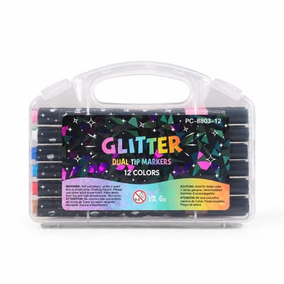 Glitterpennen met fijne enkele punt - 12 kleuren - glittereffect - voor tekenen en schrijven - basisverpakking