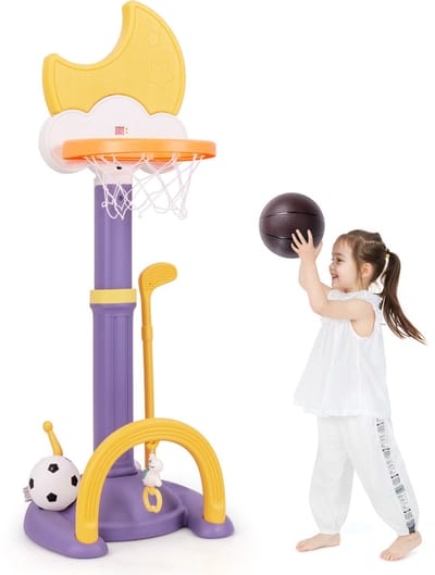 COSTWAY 4-in-1 basketbalkorf voor kinderen, in hoogte verstelbaar, met basketbal, voetbal en ringworp, kinderspeelplaats met displaybord, mandinstallatie voor kinderen vanaf 3 jaar (geel)