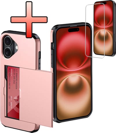 Hoes Geschikt voor iPhone 16 Hoesje Pasjeshouder Hard Cover Met Screenprotector Shock Proof Hard Case Hoes Met Kaarthouder - Rosé goud