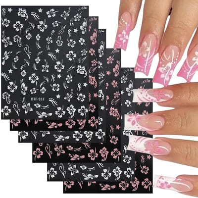 Dailygoods- Nagelstickers Hibiscusbloemen - Set van 6 - Roze/Wit - Zomer Nagelkunst - Uniek Motief - Perfect voor Nagelart - Nail Art