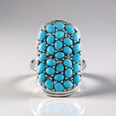 Cavill - Zilveren Ring Platina Geplateerd - 4,217 ct Sleeping Beauty Turkoois Ovaal & Peervormig - Zirkonen Rond - Moderne Elegante Statement Ring
