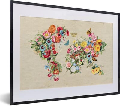 Poster in lijst - Fotolijst 40x30 cm - Posters - Wereldkaart - Bloemen - Craft papier - Posterlijst zwart - Decoratie - Wanddecoratie woonkamer - Muurdecoratie slaapkamer