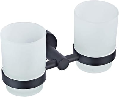 Dubbele Tandenborstelhouder - Wandmontage Bekerhouder - Badkamer Organisatie - Massief Messing Constructie - 19 x 9.6 cm - Mat Zwart