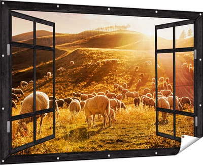 Gards Tuinposter Doorkijk Schapen in de Heuvels bij Zonsondergang - 180x120 cm - Tuindoek - Tuindecoratie - Wanddecoratie buiten - Tuinschilderij