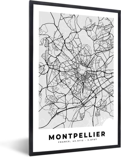 Fotolijst incl. Poster - Plattegrond - Kaart - Stadskaart - Frankrijk - Montpellier - 40x60 cm - Posterlijst