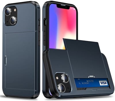 Hoesje met Kaarthouder Slider Geschikt voor Apple iPhone 15 | Back Cover Pasjeshouder Achterkant | Kaarthouder voor Twee Pasjes | Blauw