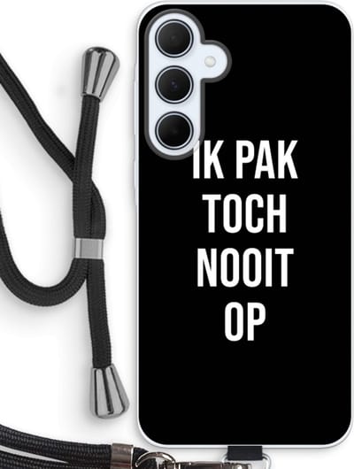 Case Company® - Hoesje met koord geschikt voor Samsung Galaxy A35 hoesje met Koord - Ik pak nooit op - Zwart - Telefoonhoesje met Zwart Koord - Bescherming aan alle Kanten en Over de Schermrand
