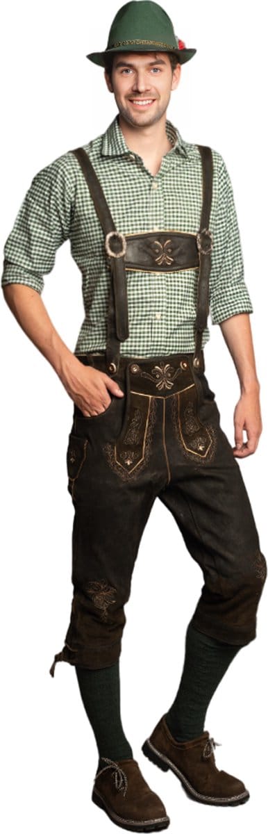 Tannhauser Lederhosen Starnberg Lang 100% Echt Leder Oktoberfest Heren Lederhosen Man Carnavalskleding Heren - Donkerbruin- Leer- Maat 2XL/56