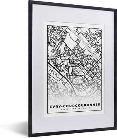 Fotolijst incl. Poster Zwart Wit- Stadskaart - Plattegrond - Évry-Courcouronnes - Kaart - Frankrijk - Zwart wit - 30x40 cm - Posterlijst
