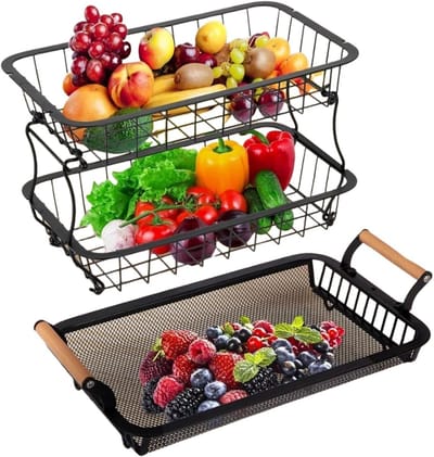 Gelaagde fruitmand - Keuken organizer - Producten bewaren - Met banaan hangers - 3 lagen - Zwart
