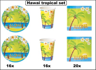 Hawai/tropical summer set - 16x Aloha Bord 23cm + 16x Aloha beker 180ml + 20x Aloha servet 33cm - Tropisch beach party