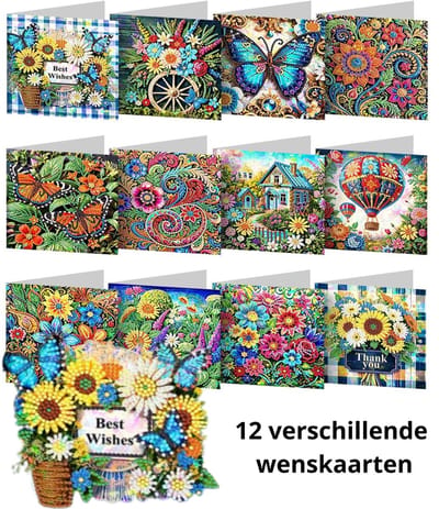 IZGO Diamond Painting Kaarten – 12 Wenskaarten met envelop - Zonder Tekst - Volwassenen – Volledig Hobby Pakket - Diamant schilderen - Diversen