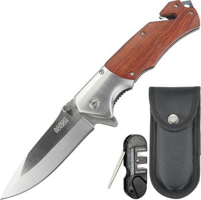 AdroitGoods RVS zakmes met rozenhouten handgreep – incl. hoes en slijptool - Premium opvouwbaar 5Cr13-outdoor mes met houten handgreep - Ideaal voor kamperen, dagelijkse taken, outdoor-gebruik