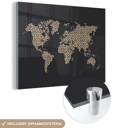 ® Glasschilderij 160x120 cm - Schilderij acrylglas - Wereldkaart - Panterprint - Zwart - Foto op glas - Muurdecoratie woonkamer - Wanddecoratie slaapkamer - Schilderijen