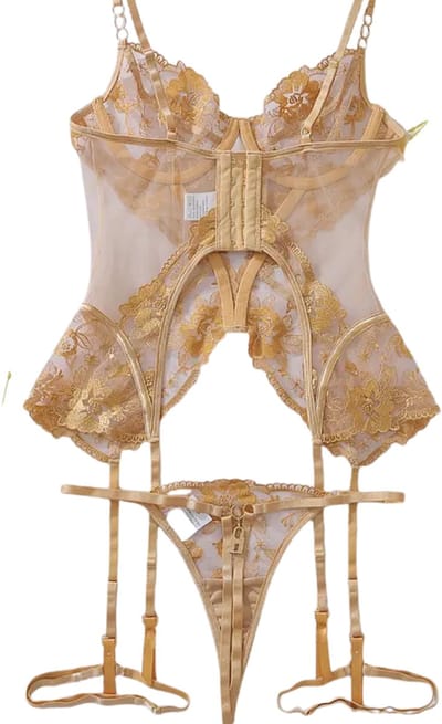 Luxe Designer Lingerieset in Gouden Boudoirstijl – Sexy Kanten Korset & Jarretelset met String – High-End Australische Look – Lingerie Erotisch Dames – Sexy Lingerie – Erotische Lingerie – Dare to Undress - Maat XS/S, M, L