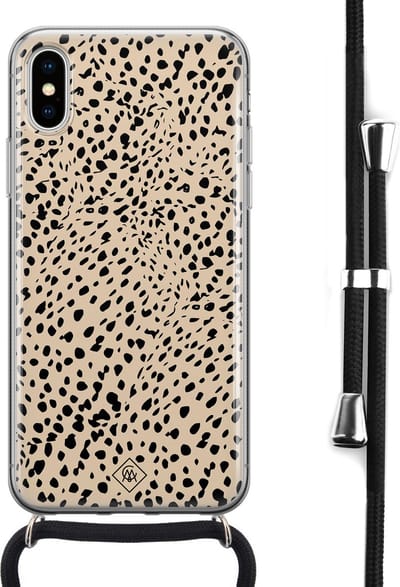 Casimoda® hoesje met koord - Geschikt voor iPhone Xs - Stippen bruin abstract - Afneembaar koord - Siliconen/TPU - Bruin/beige