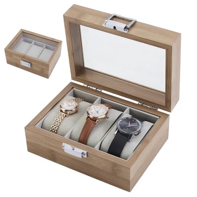 Dailygoods- Horloge Box 3-Slot Houten Display - Horloge Houder - Organizer - Vintage Stijl - Helder Glas Venster - Fluwelen Kussen - Horlogehouder