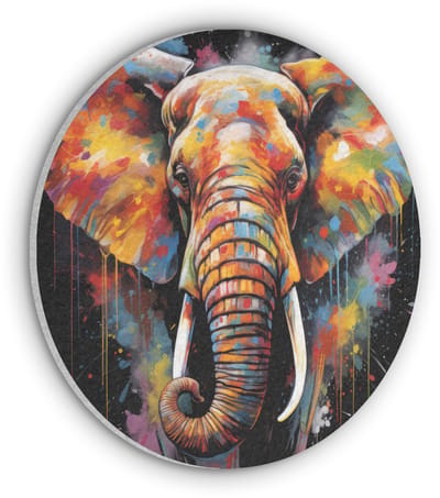 Akoestisch wandpaneel rond 30x30 cm - Vilt schilderij Olifant - Graffiti - Zwart - Dieren - Kleuren - Ronde akoestische panelen - Geluidsdempende wanddecoratie - Geluidsisolatie wandcirkel - Muurdecoratie geluidspanelen