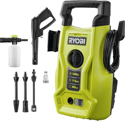 RYOBI 1400 W elektrische hogedrukreiniger RY110PWA, 110 bar druk, 390 l/u debiet, 40° watertemperatuur, aluminium pomp, 5 m slang, 5 m kabel, reinigingsmiddelfles, Vario- en Turbo-lans