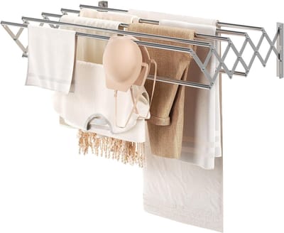 TIM® Wanddroogrek –Wasrek Goed voor 5,6 Meter Wasgoed – Uitschuifbaar Droogrek - Telescopisch Doucherek - Wanddroogrek Inklapbaar Uitschuifbare Lengte - Zilver- 59cmx 42cm x 19cm; 1.56 kg