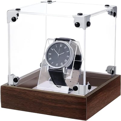 Elegante horlogedoos met houten sokkel, acryl horlogehouder en sieradendisplay voor heren en dames, 11,8 x 11,8 x 13,1 cm, perfect voor het organiseren van horloges en sieraden