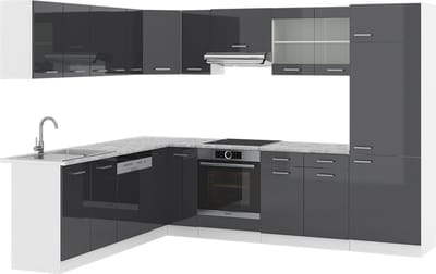 Vicco Hoekkeuken R-Line, Antraciet Hoogglans/Wit, 287 x 227 cm, WB Marmer