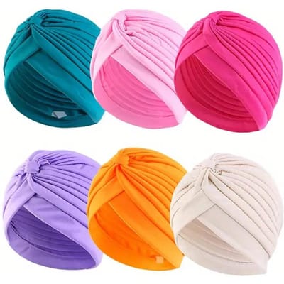 6 stuks Zachte & Gezellige Dames Geplooide Turbanmutsen - Elastisch, Comfortabel, Geurloos Hoofddoeken voor Chemo, Effen Kleuren, Mixpakket blue