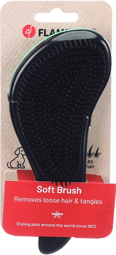 Flamingo - hondenborstel - puppyborstel - soft brush - muntgroen/zwart - flexibele pinnen - korte en lange vacht