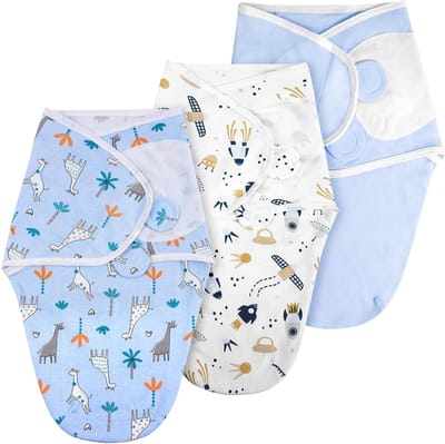 Inbakerpak voor pasgeboren baby's, biologisch katoenen deken set - blauw, ademend met klittenband - geschenk voor baby's van 0-3 maanden.