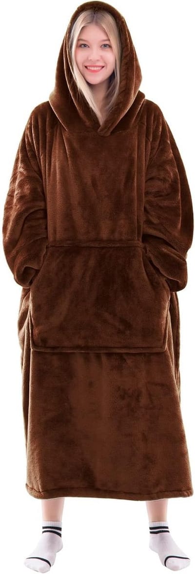 Draagbare Deken Sweatshirt voor Volwassenen - Superwarme en Knusse Hoodie Deken met Mouwen en Grote Zak - Bruin