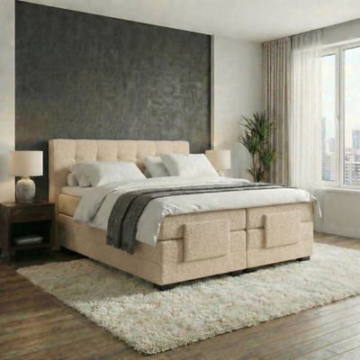 Mörgenn Elektrische Boxspring LUXA - Luxe Splittopper - Pocketvering - Teddy Beige - 90x200 cm - Inclusief Montage + Dekbed en Kussens