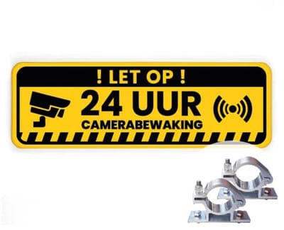 Bord Camerabewaking - geel - Weerbestendig Aluminium - 40x15 cm - Bevestiging: Met paalbeugels Ø48mm