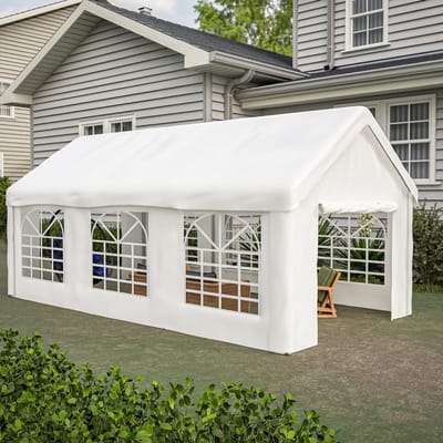 OKWISH Opslagtent Dubbele Doorrit – 3 x 6 m – Staal En Waterdicht Doek – Wit – Voor Voertuigen En Seizoensopslag