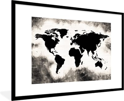 Fotolijst incl. Poster - Wereldkaart - Zwart - Wit - Hout - 120x80 cm - Posterlijst