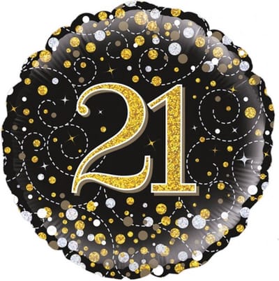 21 jaar Folieballon Sparkling Holographic glitter zwart-goud leeg geleverd.