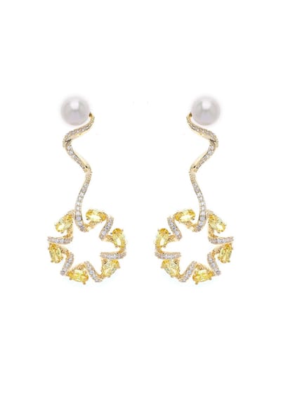 AVANT-GARDE PARIS Dainty Drop Earrings - Geel met Gele Steentjes en Parels - 1 stuk - Goudkleurig Plated