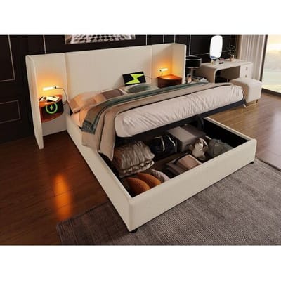ModernLuxe Linnenopbergbed 180x200cm - 2 nachtkastjes met leeslampje en laadfunctie - met lattenbodem - Beige