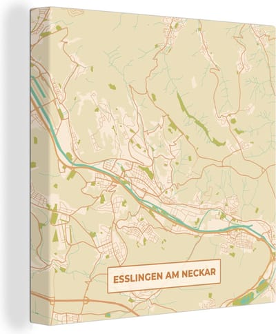 Canvas Schilderij Esslingen am Neckar - Plattegrond - Kaart - Vintage - Stadskaart - 20x20 cm - Wanddecoratie