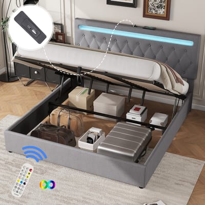 Sweiko 180*200 cm Tweepersoonsbed, Plat bed, Gestoffeerd bed, Sfeerverlichting op het bed, Afstandsbediening met 24 toetsen, bed kan omhoog en omlaag, USB- en C-aansluiting op het bed, grote opbergruimte, Grijs