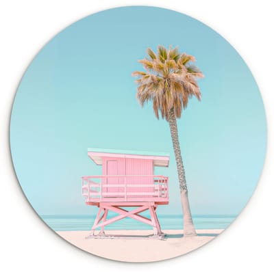 WallCircle® Wandcirkel 120x120 cm - Muurcirkel Palmboom - Strandhuis - Roze - Muurdecoratie woonkamer - Wanddecoratie slaapkamer - Kamer decoratie accessoires - Ronde schilderijen XXL