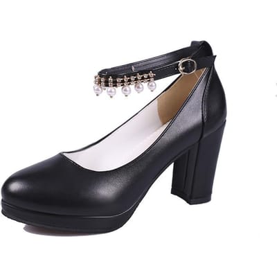 Nieuwe Lente en Herfst Dames Schoenen Parelketting Hoge Hakken Dikke Zool Grote Maat Dikke Hak Professionele Enkele Schoenen Werk Dames Schoenen 40 gray
