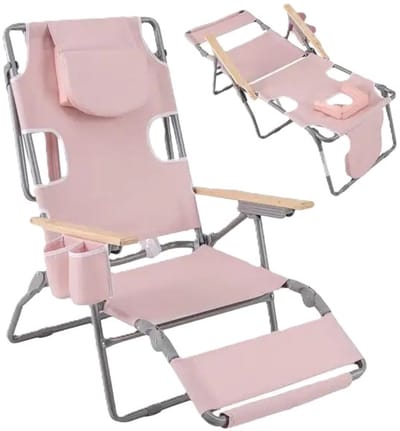MakkelijkMooi 3-in-1 Strandstoel Ligbed - Strandstoel - met Gezicht- en Armopening - Houten Armleuningen - Afneembaar Hoofdkussen