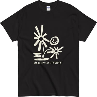T-shirt Wake Up Smile Repeat - Bloemen & Smiley Design - Dames en Heren - Zwart - S