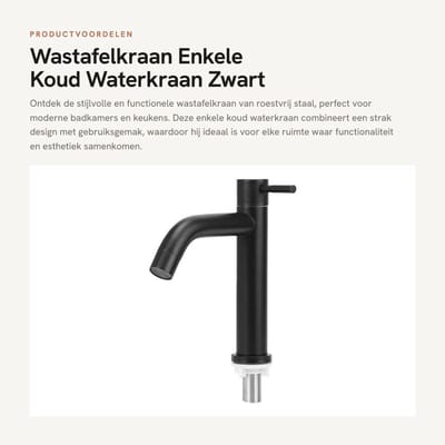 Dailygoods- Wastafelkraan Roestvrij Staal - Enkele Koud Water Kraan - Zwart - Handvat 7,5 cm - Bereik Tuit 12,5 cm - Luxe Afwerking - Waterkraan