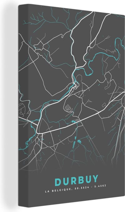 Canvas Schilderij Kaart – Plattegrond – Stadskaart – Durbuy – België - Grijs - 20x30 cm - Wanddecoratie