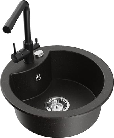 Mexen Diego granieten spoelbak met 1 bak met Duero keukenkraan, zwart/goud metallic - 6512-75-671600-70