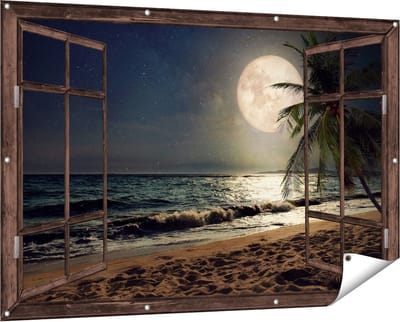 Gards Tuinposter Doorkijk Tropisch Strand in de Nacht met Volle Maan - 150x100 cm - Tuindoek - Tuindecoratie - Wanddecoratie buiten - Tuinschilderij