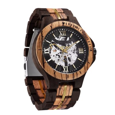 Wood Skeleton Horloge | Waterafstotend | Cadeau Giftbox | Hout & Goudkleurig | Automatic Horloges | Automatisch Watchwinder | Skeleton Herenhorloge