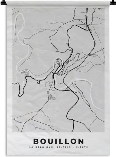 Wandkleed - Wanddoek - België – Bouillon – Stadskaart – Kaart – Zwart Wit – Plattegrond - 120x180 cm - Wandtapijt